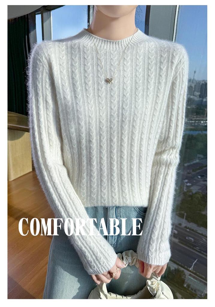 Women's Wool Cable Knit Sweater - Round Neck, Loose Fit, Versatile for Autumn/Winter