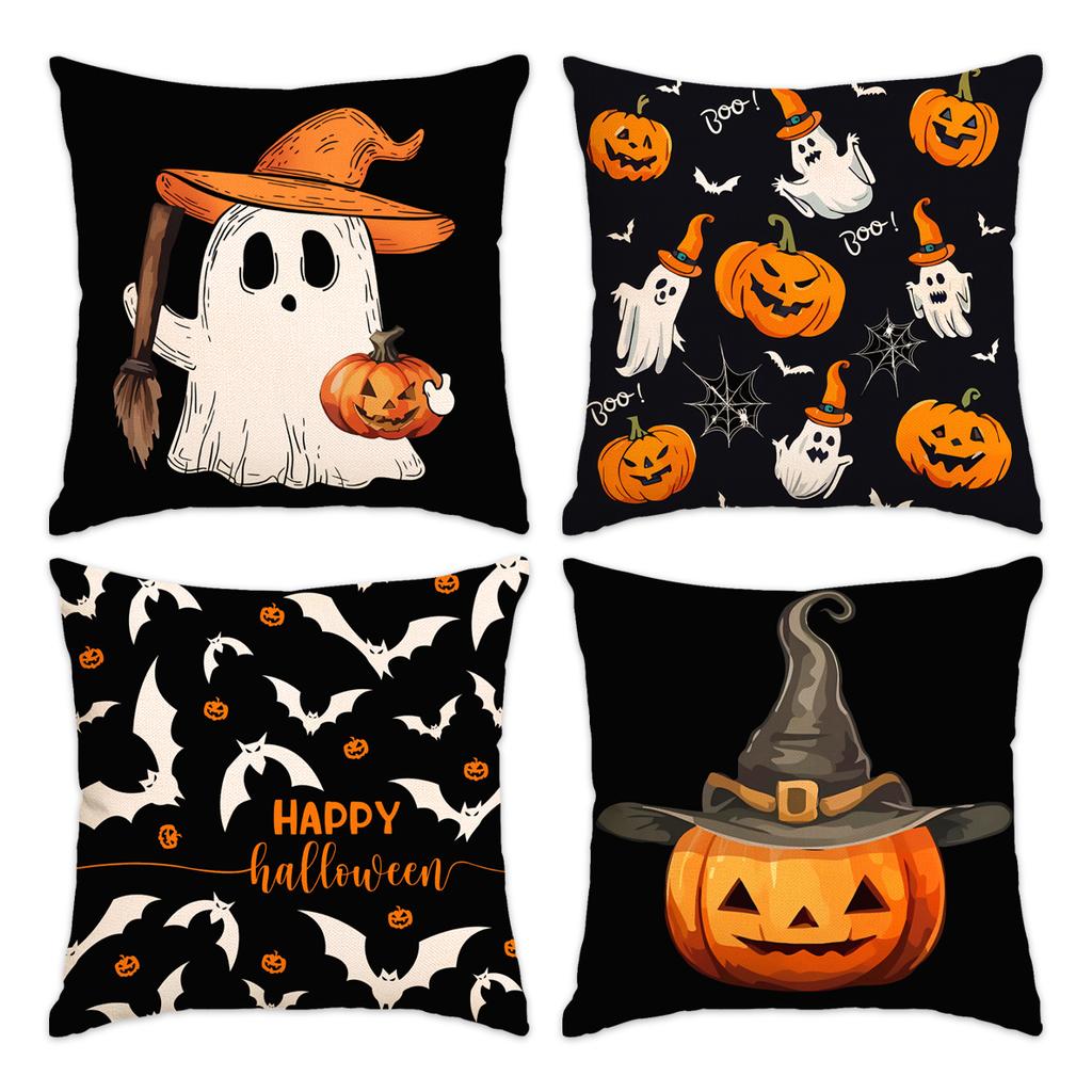1/4 Piece Halloween Happy Pillow Cover, Horror Ghost, Bat Print Cushion Cover, Mischief or Trick On Halloween Sofa Cushion Cover