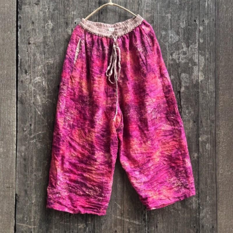 Johnature Women Vintage Wide Leg Pants Elastic Waist Pockets Autumn Loose Trousers Print Floral Belt Soft Pants