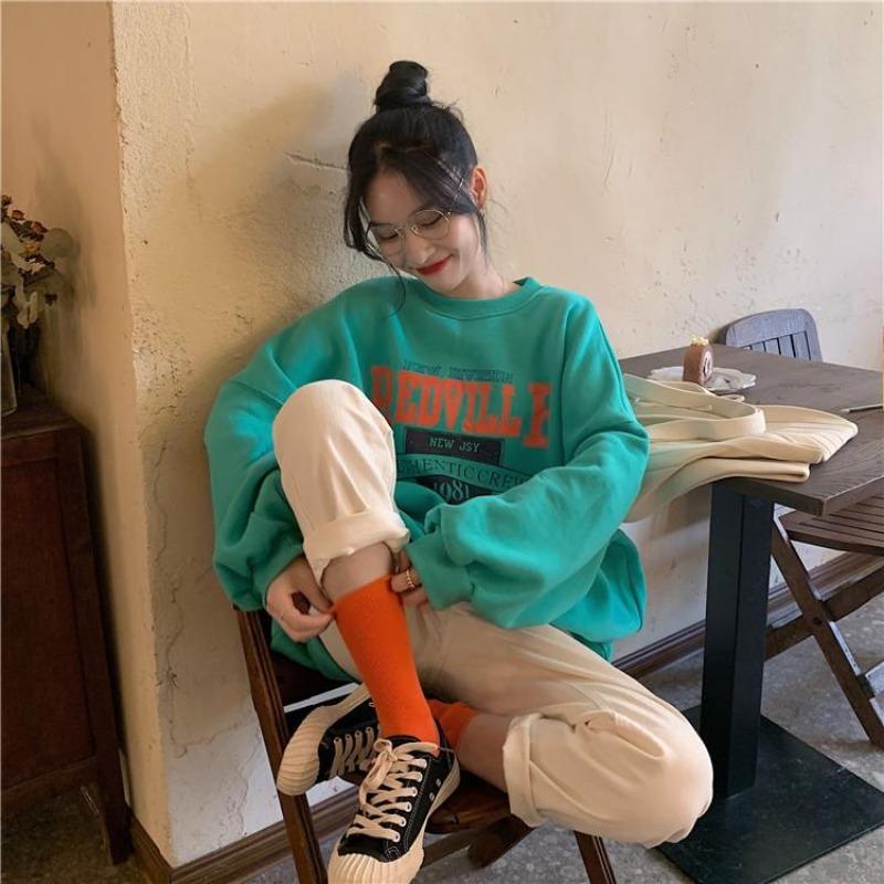 Women Long Sleeve O Neck Loose Pullovers Female Tops Solid Color Sweatshirts