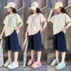 Girls' College Style Set 2026 Summer New Striped Tie T-shirt Clear Color Jeans Middle and Large Children's Two Piece Set
