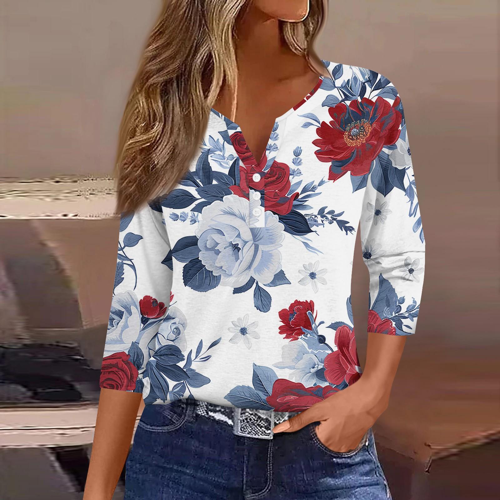 Жен. Футболка Футболка С принтом Пуговицы Рукав 3/4Ежедневно Выходные Мода Классический — фото 9