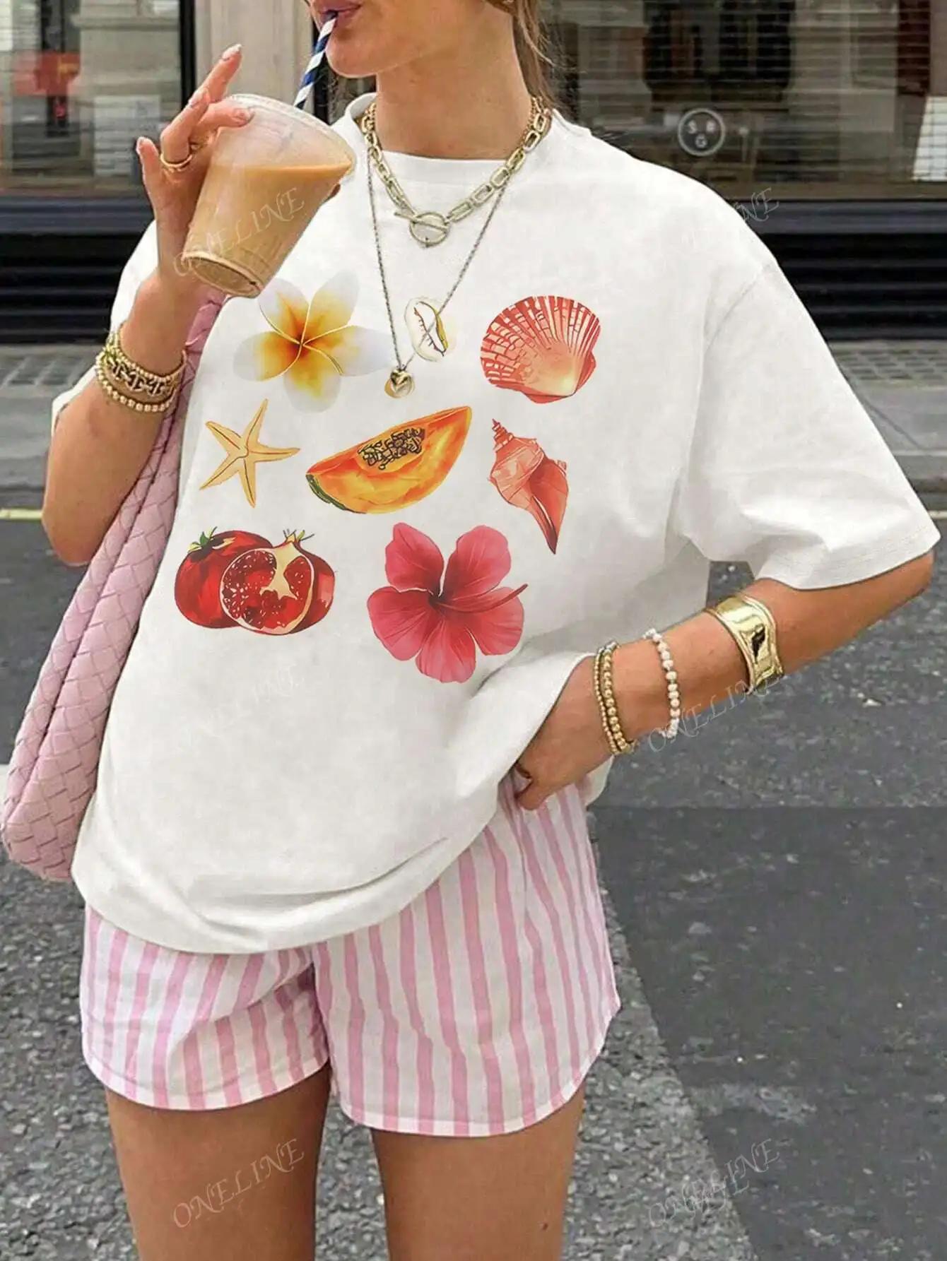 

Seashell Fruit and Flower Print Women s Spring Summer Y2K Fashion Casual Versatile Vacation Style Short Sleeve T Shirt S
