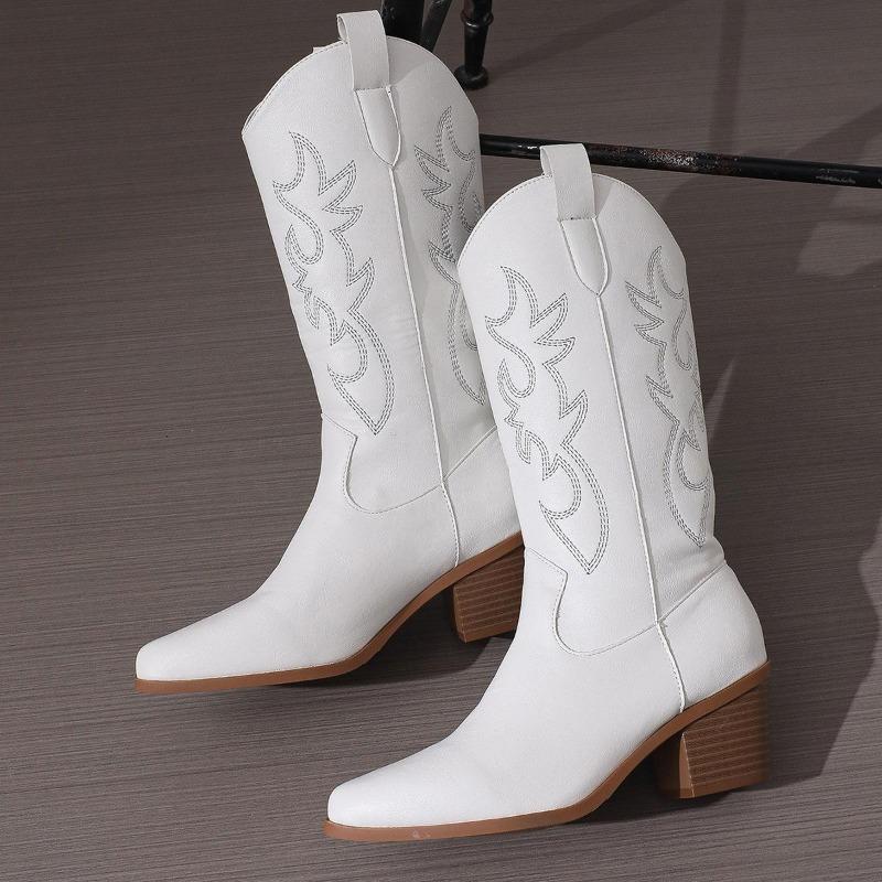 CRYSIGNE Women's Embroidered Cowgirl Boots - Flower Ankle Boots, Chunky Heel, Square Toe Western