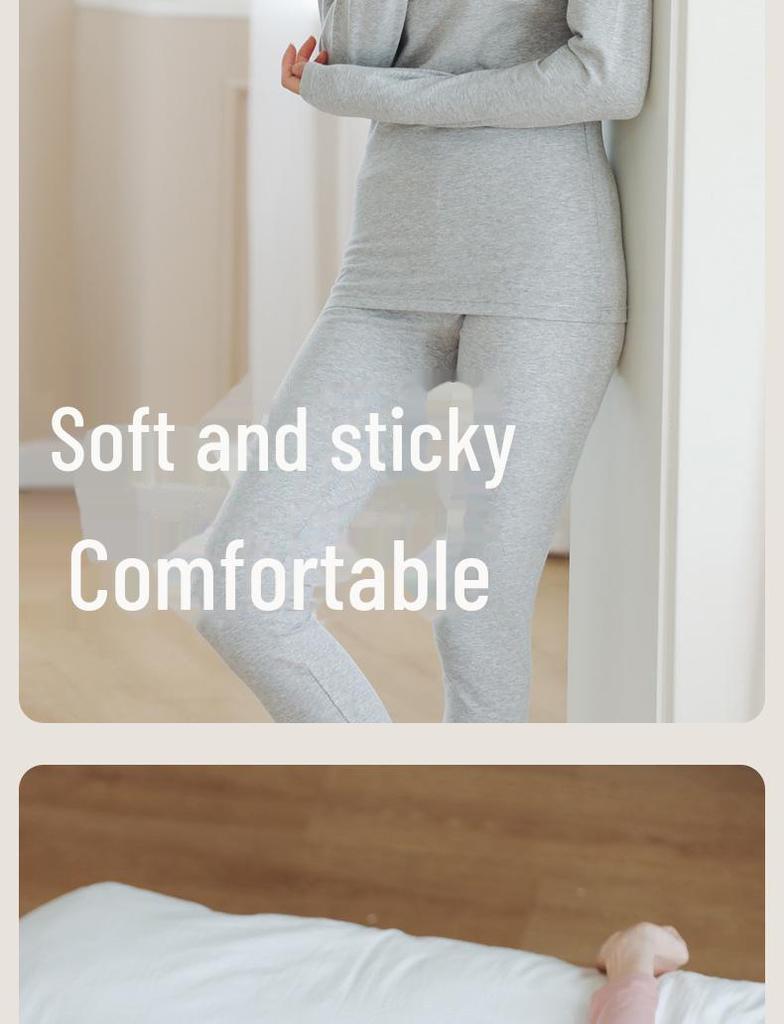 Dámský termo set z čisté bavlny: Tenký svetr a úzké kalhoty s kulatým výstřihem v jednobarevných barvách na podzim a zimu.