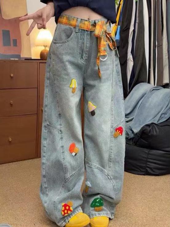 Women's Retro Distressed Wide Leg Denim Jeans - Versatile Loose Fit, High Street Style, Straight Leg Vibe