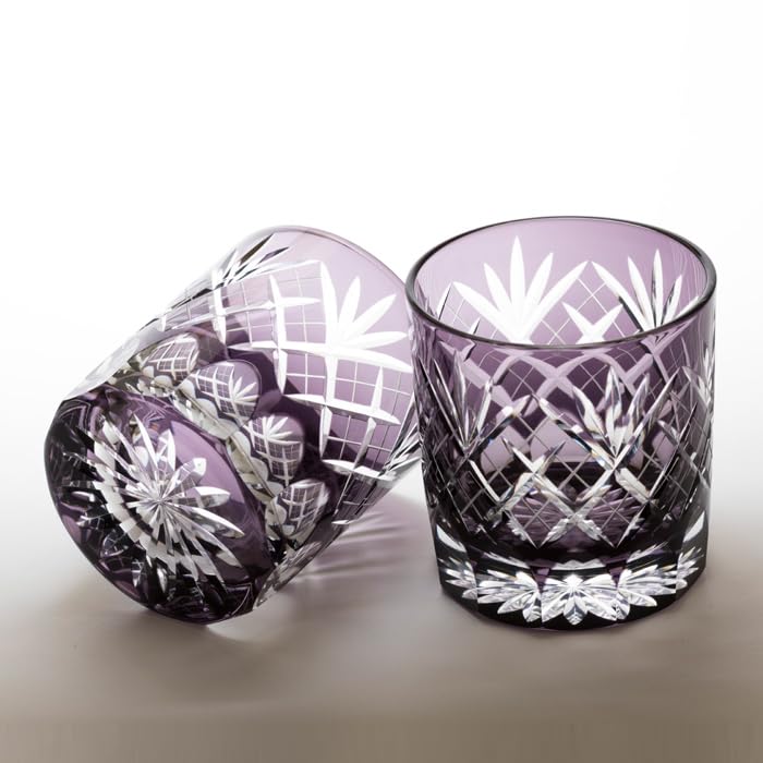 Glass Studio Saiho Edo Kiriko Shochu GlassRocks Glass, Old Purple, with Sword and Arrow Design, Made in Japan, Wooden Box, Gift Wrapping Available