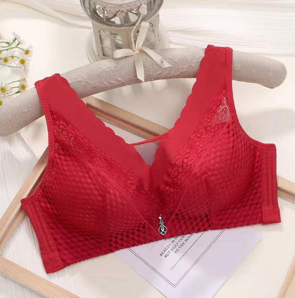 

модный летний тонкий бюстгальтер большого размера кружево без стального кольца нижнее белье женское дышащее регулирующееся типа большая грудь показывает небольшой бюстгальтер с сборками 75C красный
