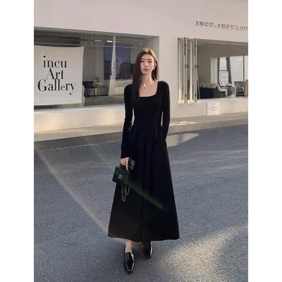 Jarní dlouhé šaty Dámské Podzimní Basic Elegantní čtvercový límec do A Vintage šaty s dlouhým rukávem ve francouzském stylu