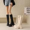 Mode 10CM Heels Plissee Leder Kniehohe Stiefel Frauen Mode 2024 Winter Herbst Warme Plüsch Dicke Sohle Turnschuhe Motorrad Lange stiefel