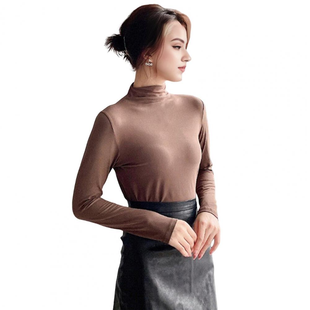

Мягкая блузка с длинным рукавом, стильные женские топы с длинным рукавом, облегающая рубашка с полувысоким воротником, однотонная рубашка для повседневного ношения One Size кофейный