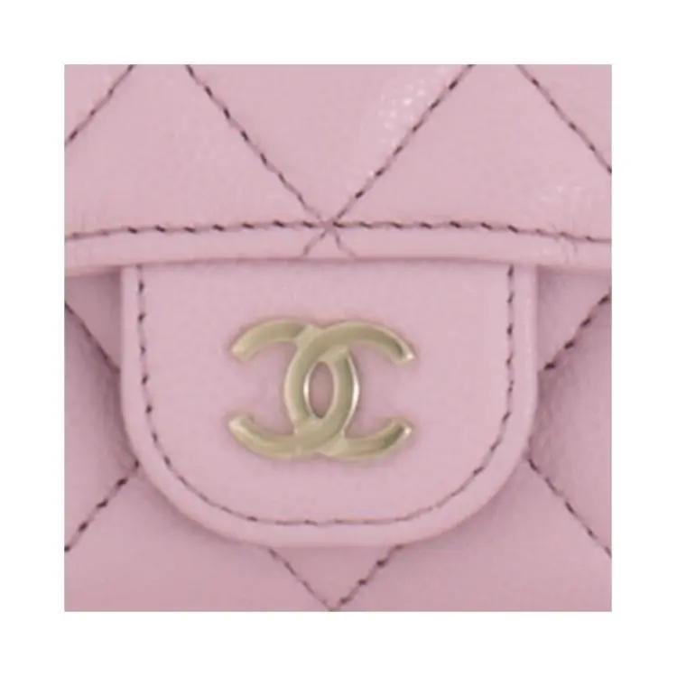CHANEL 24A Light Gold Buckle  Diamond Pattern Pure Color  Grainy Lychee Pattern Leather Card Holder  Women's  Pink