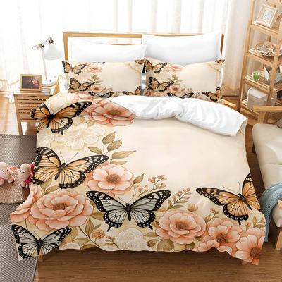 Juego de Ropa de Cama Floral con Mariposas Impresión Digital 3D Juego de 2-3 Piezas (Sin núcleo) Adecuado para Juego de Funda Nórdica para Dormitorio Decoración de Halloween