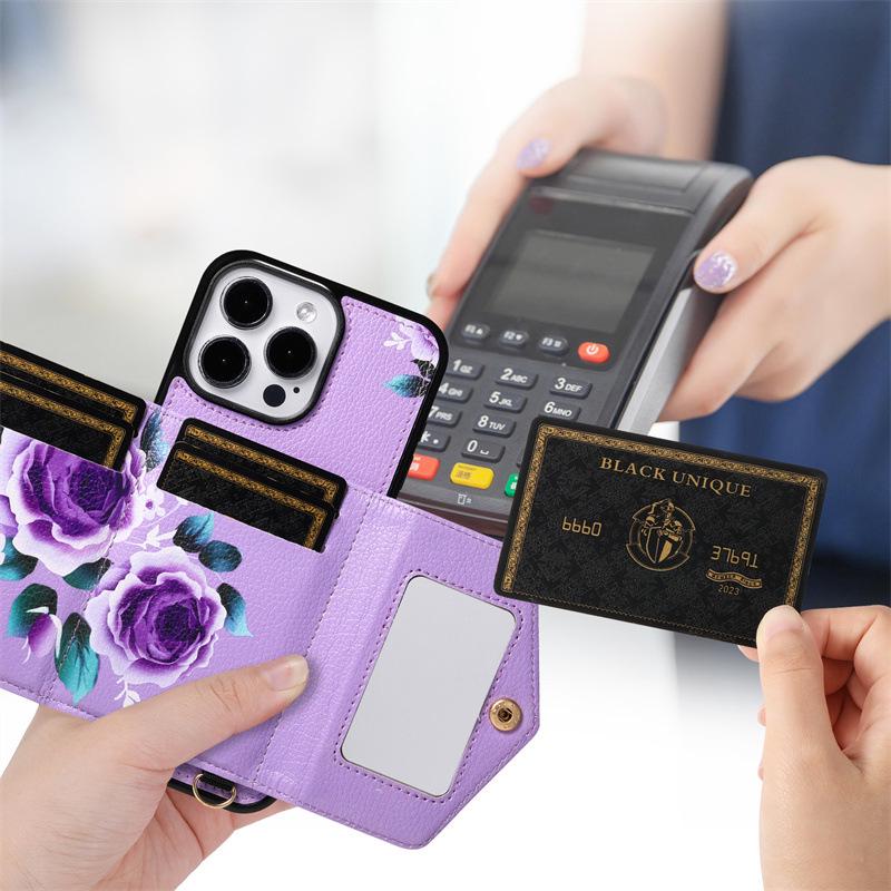 Flower Crossbody Card Holder Case with Lanyard for iPhone 13, 14, 16, 17 Pro