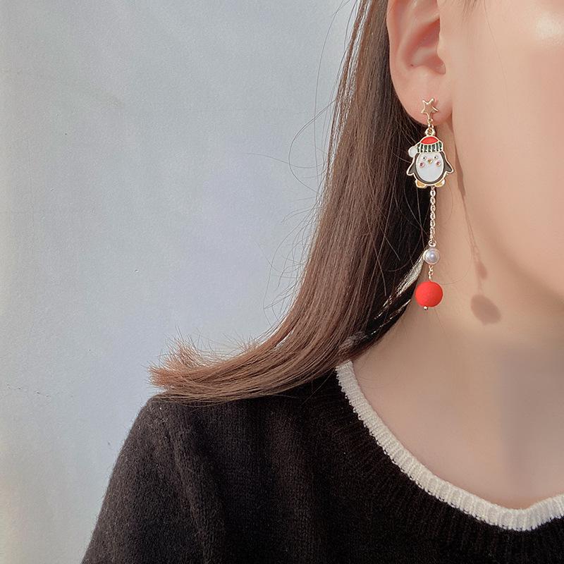 Christmas Star Silver Stud Earrings with Wool Ball & Asymmetrical Tassel - Winter Style Cartoon Clip for Girls