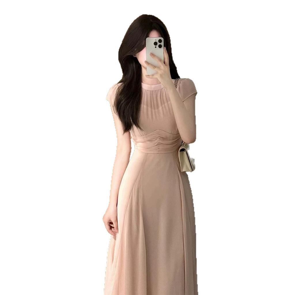 Beautiful and unique waist temperament long dress French gentle wind pink small flying sleeve dress summer beautiful small skirt