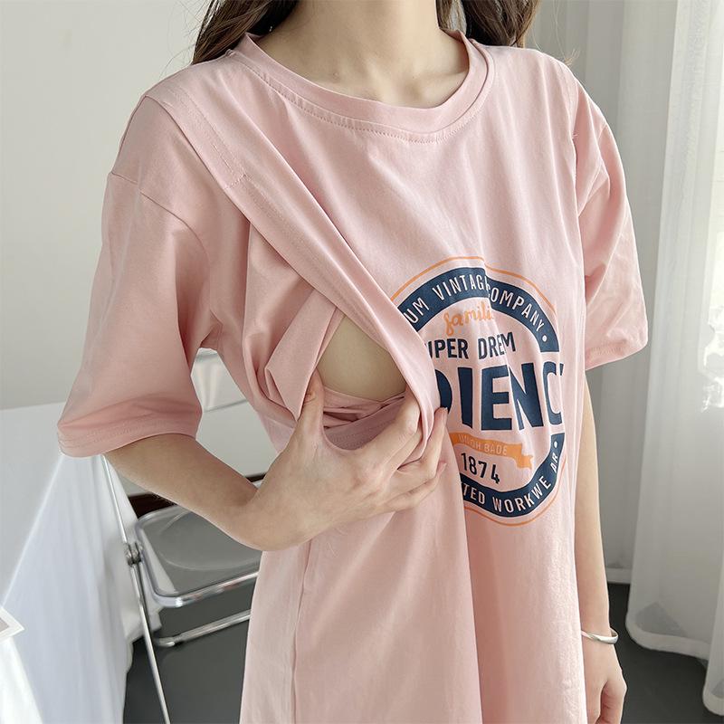 Pure Cotton Short Sleeve Breastfeeding Dress - Mid-Length Maternity/Postpartum Nightdress for Hot Mom Style