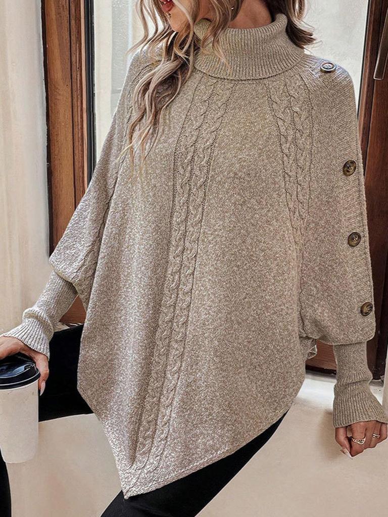 Autumn Winter New Knitted Sweater Women's Clothing, Cable Knit High Neck Button Long Sleeve Top