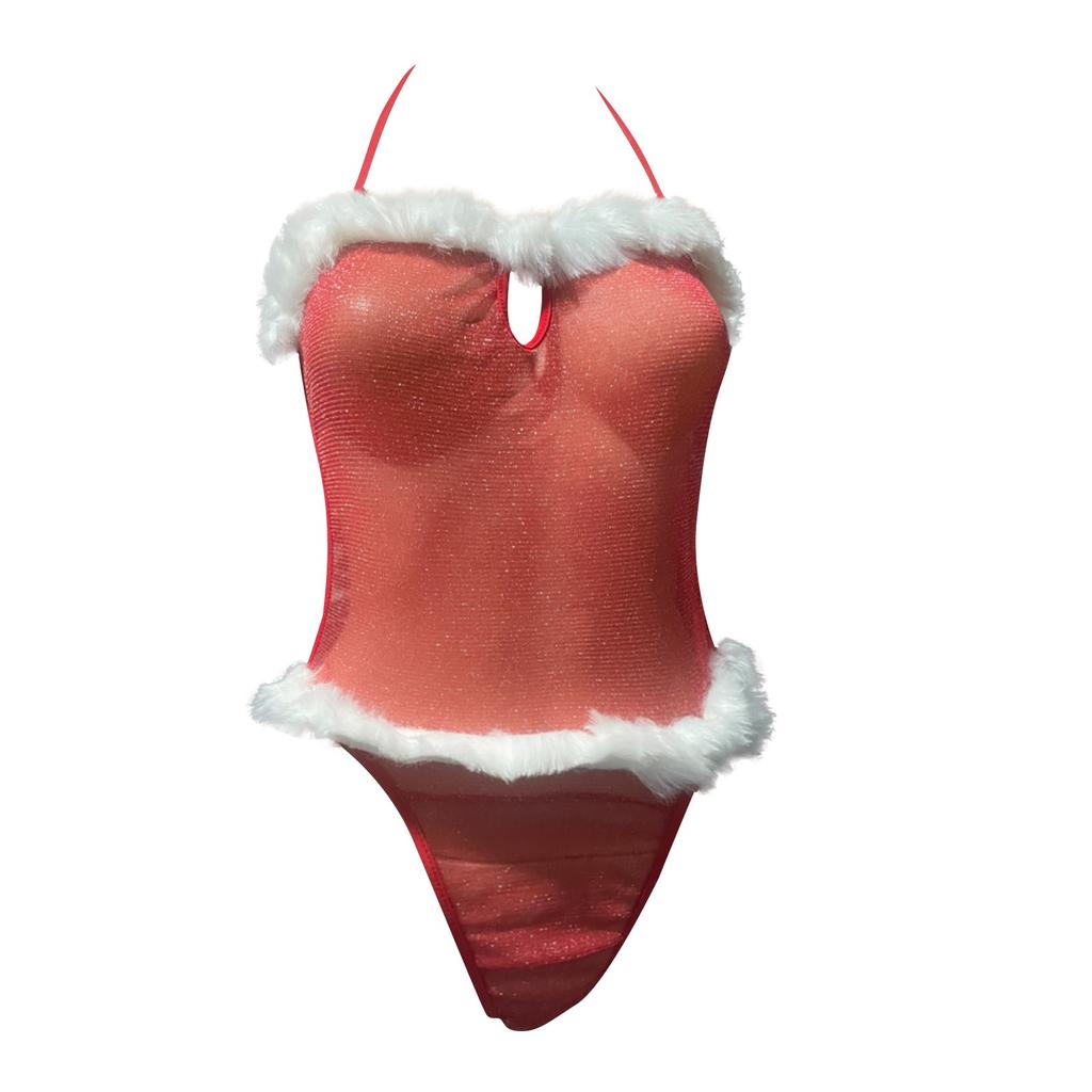 Women's Christmas Sexy Underwear  Plush Side Suspender  Sexy Mesh