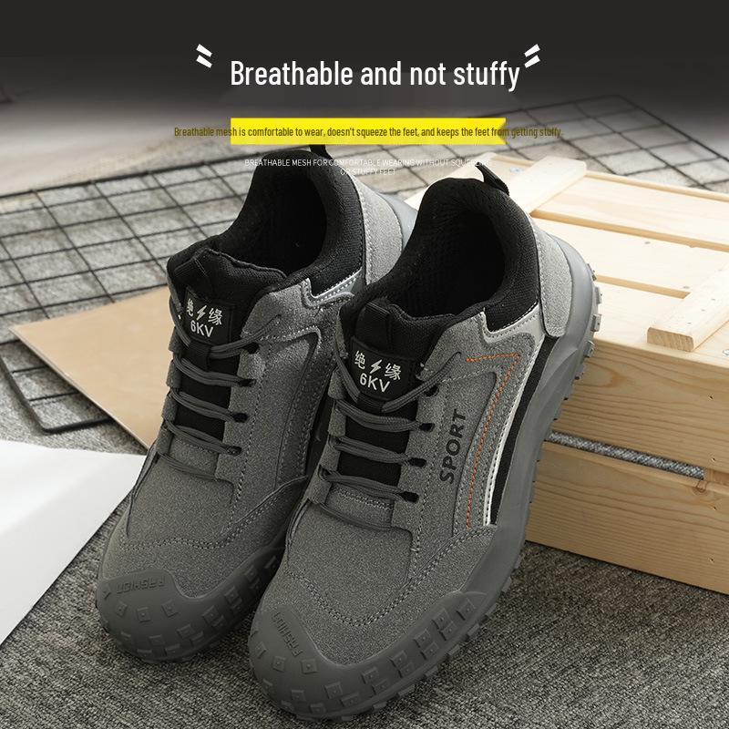 Sapatos de Trabalho Protetores Masculinos em Couro Bovino - Anti-Esmagamento, Anti-Perfuração, Respiráveis, Isolados, Leves, Sola de Borracha Antiderrapante, Amigáveis para Eletricistas.