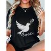 Black Oversized T Shirt With Peace Dove Print And Olive Branch For Casual Wear
