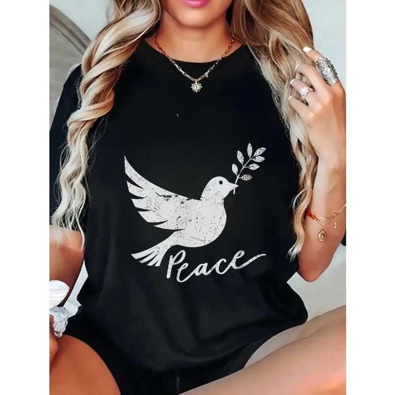 Black Oversized T Shirt With Peace Dove Print And Olive Branch For Casual Wear