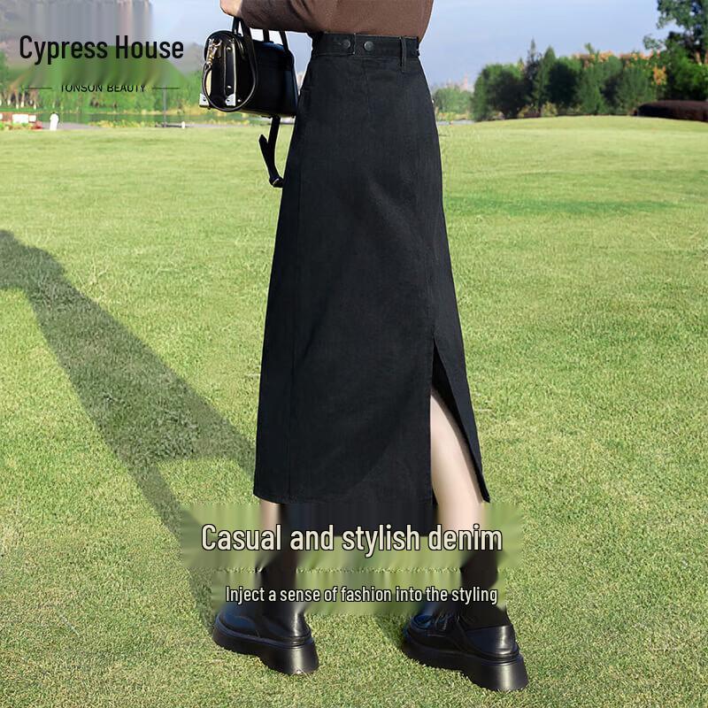 Women s High-Waist Washed Denim Midi Skirt with Slit 36