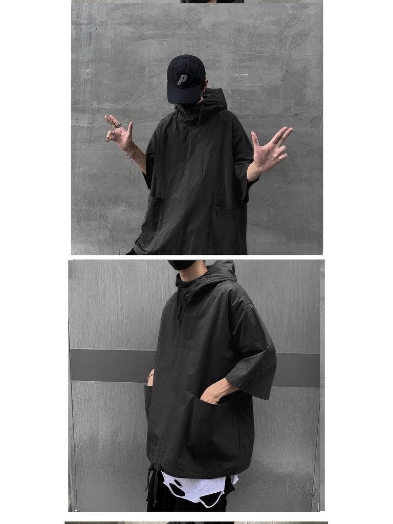 Men's Korean Retro Hong Kong Style Hooded Short-Sleeve Sweatshirt
