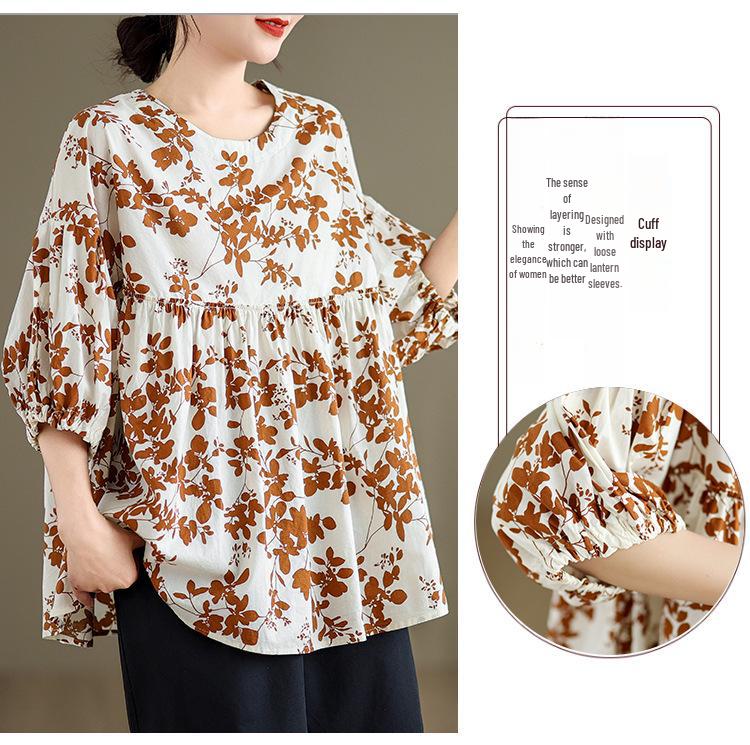 2024 Women's Loose Leaf Print Slim T-Shirt - Round Neck, Lightweight, and Comfortable