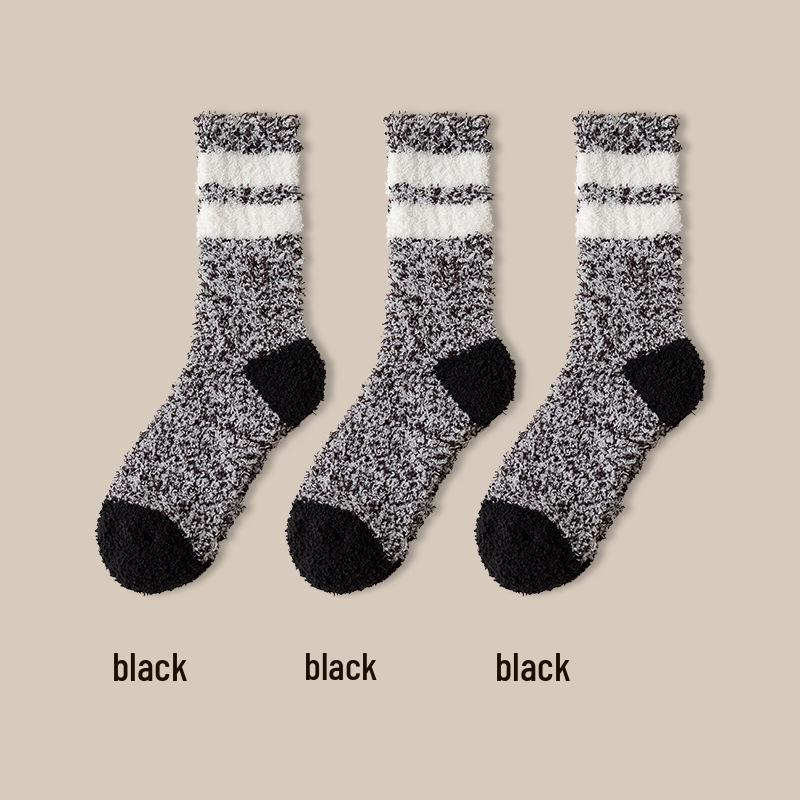 Herren Schwarze Halbhohe Verdickte Korallenfleece-Socken - Gemütliche Herbst-/Winter-Hausbodensocken