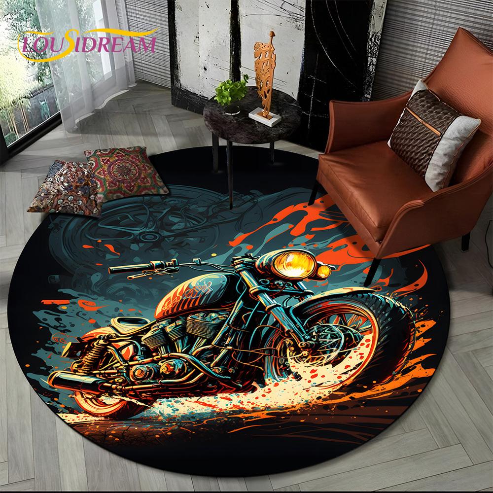 3D Retro Vintage Motorcycle Cartoon Round Area Carpet Rug for Living Room Bedroom Kid Playroom Decor,Pet Area Rug Non-slip Gift