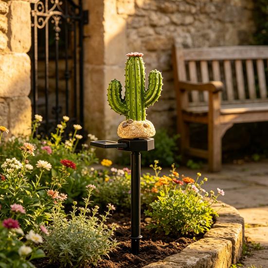 Solar Powered Garden Lights Cactus Light, Resin Pathway Waterproof Decorations for Patio LED Light with Stake Yard Lawn Decor Warm