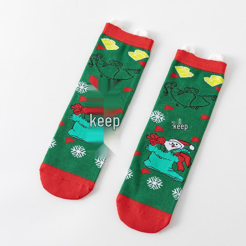 Cute Elk Cartoon Socks with 3D Ears – Red, Cotton for Autumn & Winter, Japanese Style, Perfect for Christmas