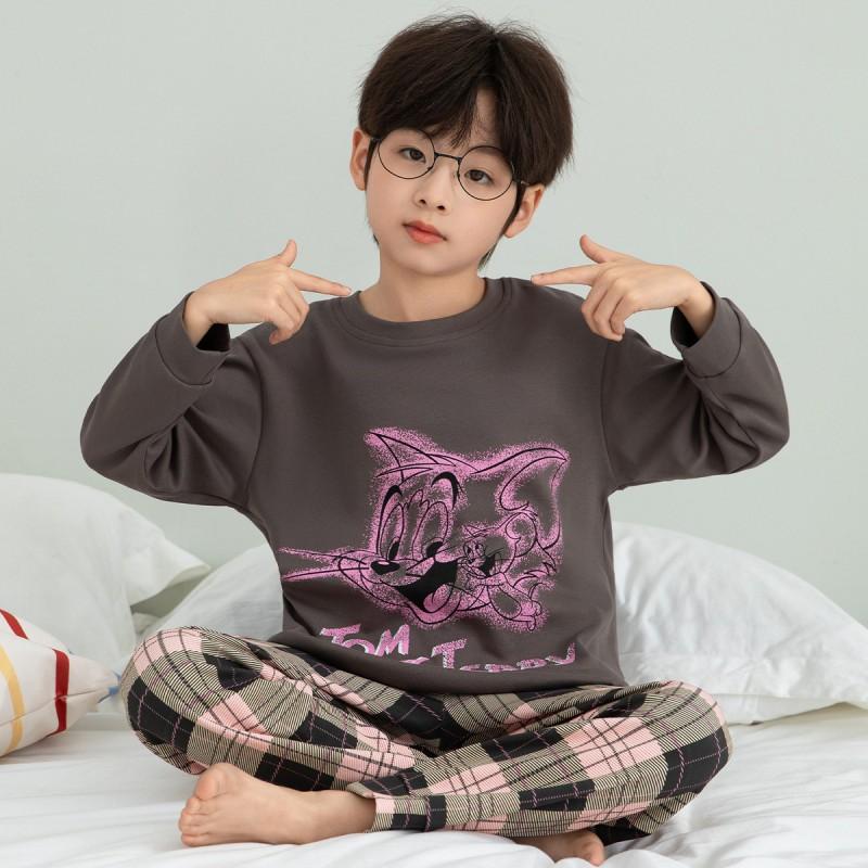 Boys Cotton Pajama Set Long Sleeve Cartoon Print Sleepwear Kids Teens Home Wear