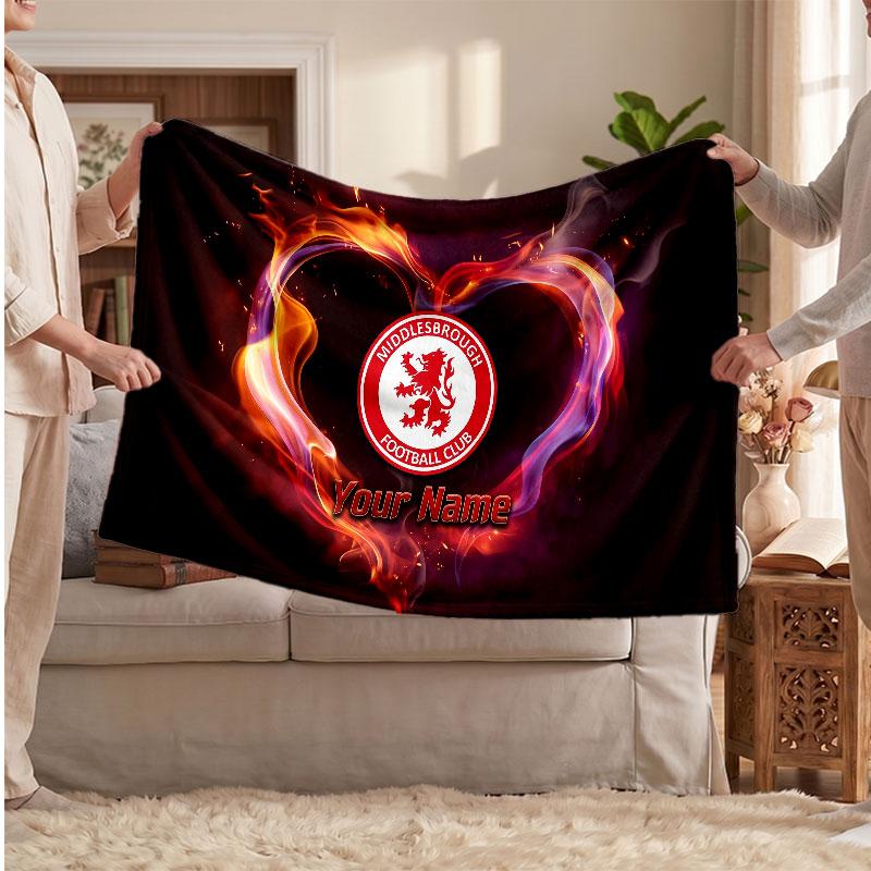 Middlesbrough FC Personalized Fleece Blanket With Football Logo, Custom Name Text Soft Warm Home Throw Blanket