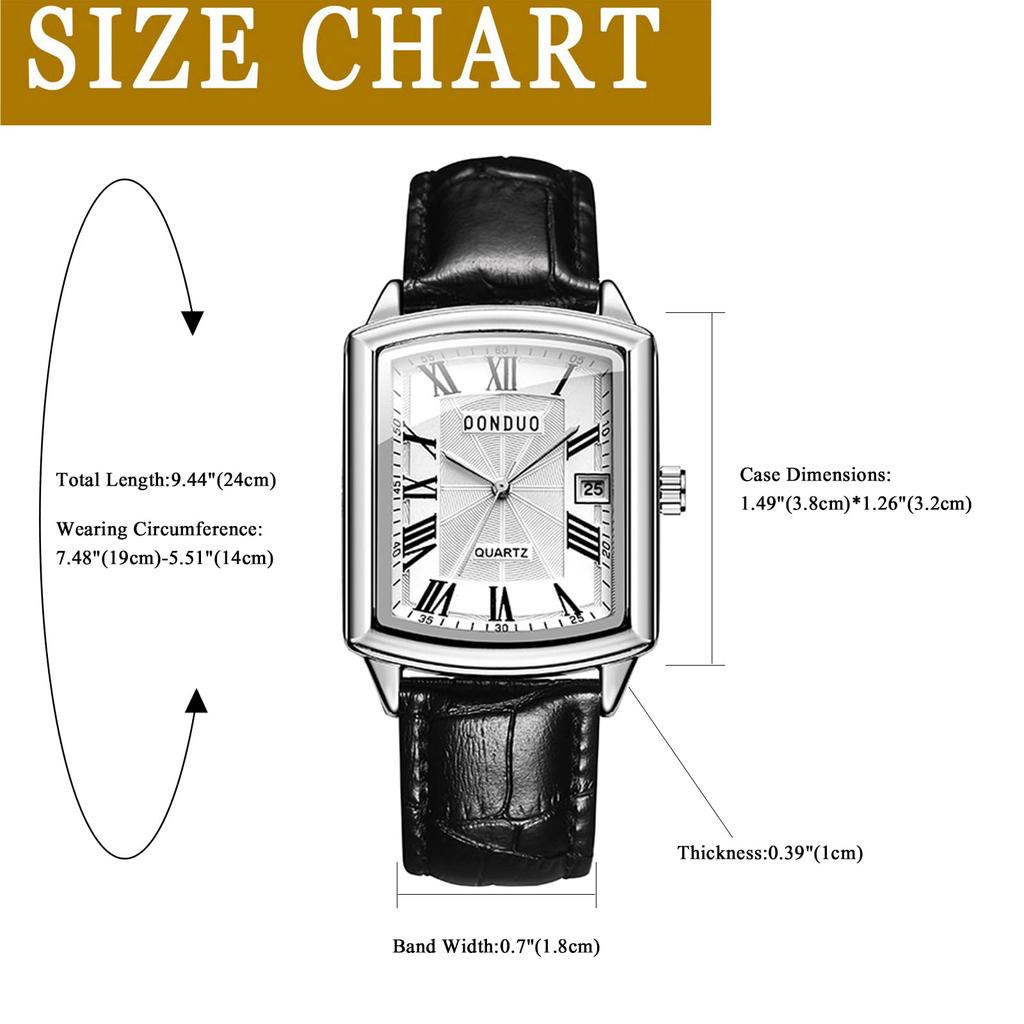 Square Watch with 3ATM Water Roman PU Leather Quartz Casual and Business Simple and Stylish Fashion Accessory Perfect Gift for and Day Men's Calendar,
