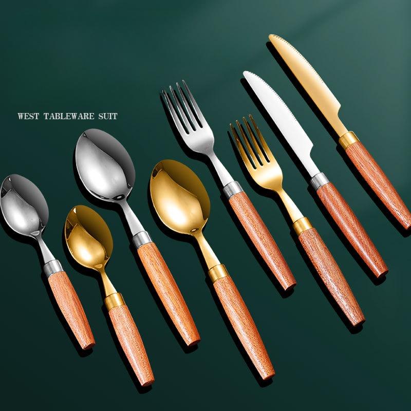 304 Stainless Steel Cutlery Sapele Wood Handle Western-style Knife, Fork and Spoon Simple Cutlery Four Sets
