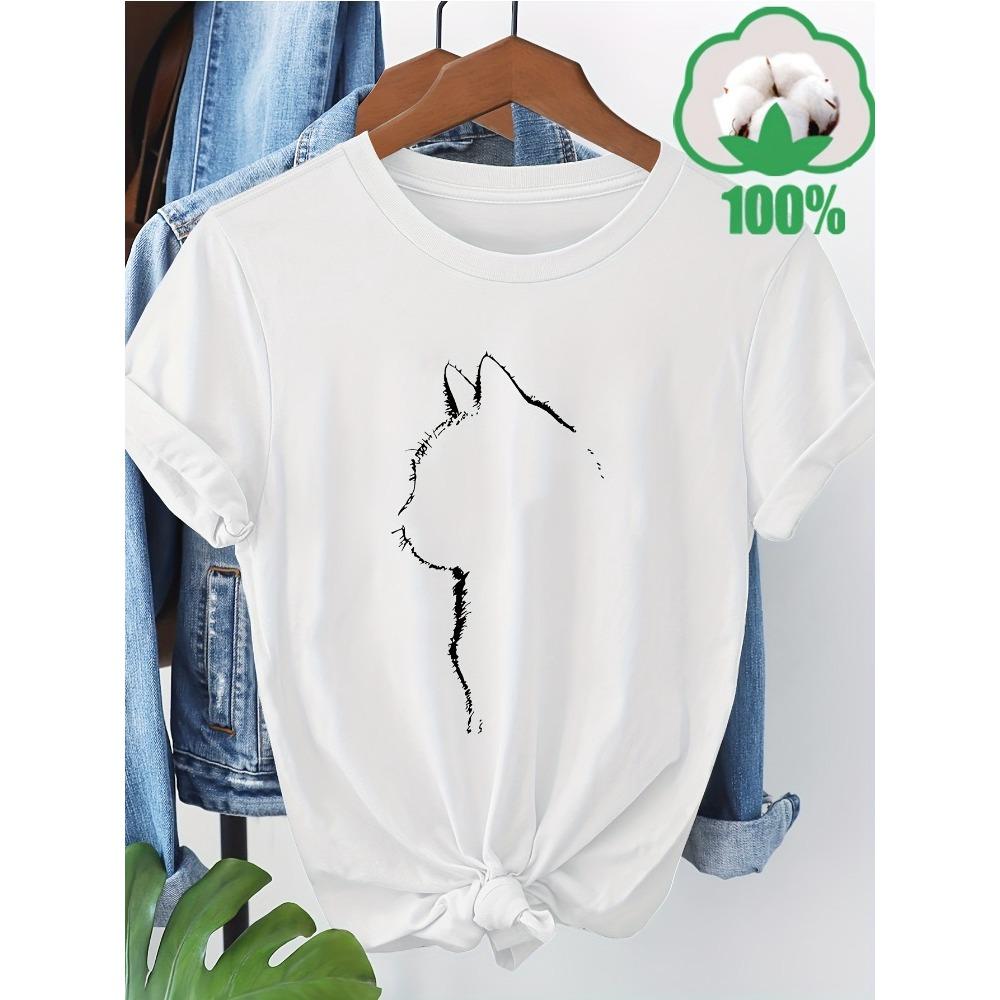 

Womens Cat Pattern Tshirt with Simple Black Line Design Soft Daily Casual Top Breathable Short Sleeved Shirt Simple Style S