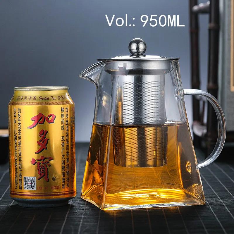 Heat-Resistant Glass Teapot, with Stainless Steel Filter Baskets, Clear Kettle, Brewing Tea Pot, Heatable Pitcher, Jug, Square