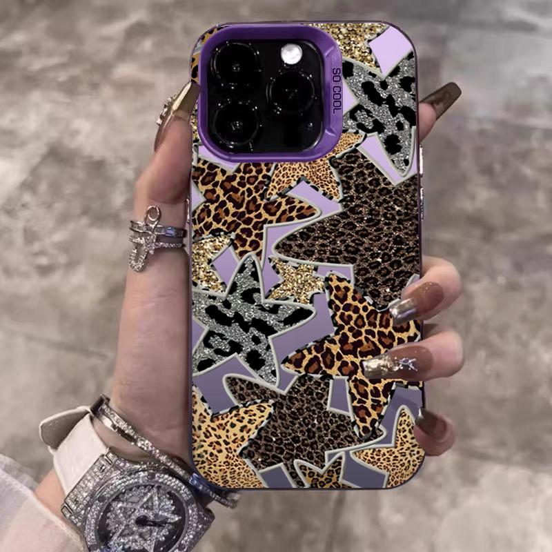 Leopard Print Stars Electroplate Silver IMD Phone Case For iPhone 17 16 Pro Max 15 14 13 12 11 Pro 16E 7 8 Plus X XS XR SE Cover