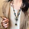 Vintage Ethnic Style Ceramic Flower Beaded Necklace for Women Colorful Beads Fringe Pendant Long Choker Sweater Dress Jewelry