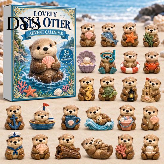 Festliche Tischdekoration Otter Adventskalender 2026, 24 Tage 2D Flache Acryl-Anhänger Weihnachten Otter Kalender Countdown-Kalender, Niedliche Cartoon-Figur