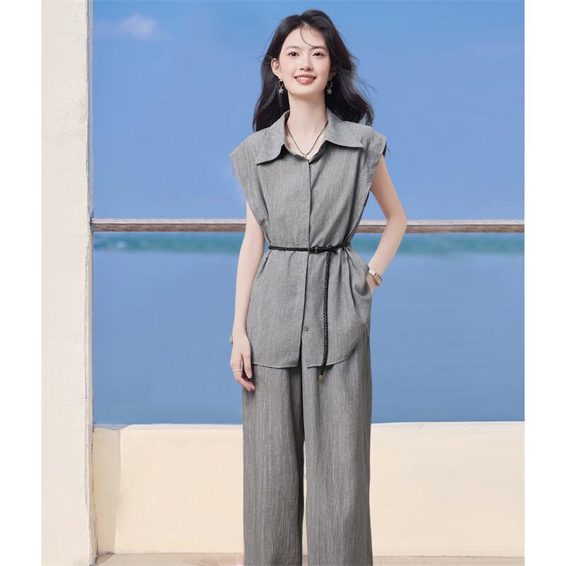 Old Money Style Sleeveless Wide-Leg Two-Piece Set L
