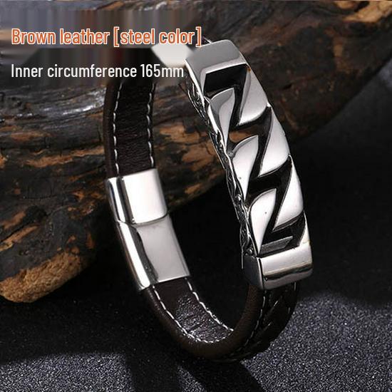 Stylish Men s Black Leather Bracelet with Stainless Steel Magnetic Clasp