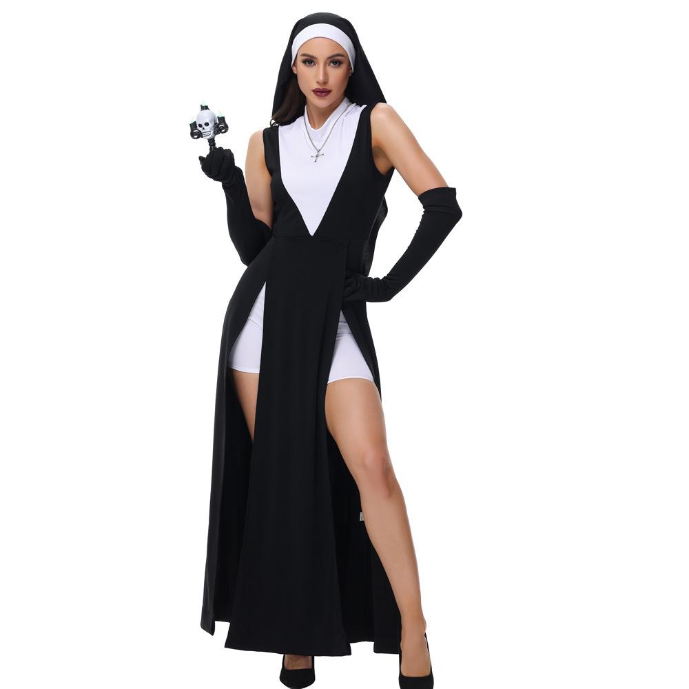 Cosplay S-L Halloween Dunkel Gotisch Festival Nonne Hoher Schlitz Kleid Set Bühne Party Cosplay Kostüm