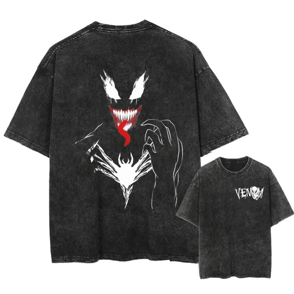 American Rebel Role Anime Venom Graphic Print T-Shirt Men Women Vintage Washed Cotton Summer New Tee Streetwear Hip Hop Harajuku Fashion Oversized Top