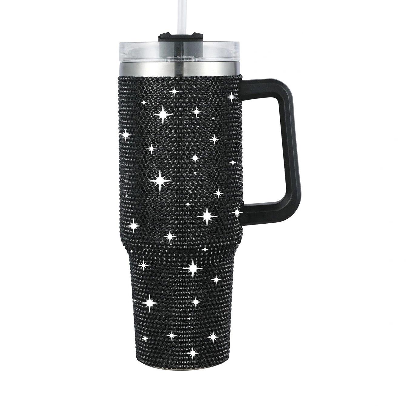 

Diamond Thermos Cup with Handle Coffee Insulated Bottle Stainless Steel Car Vacuum Flasks Maintains Heat Cold and Ice 40oz 1200ml-40oz чорний