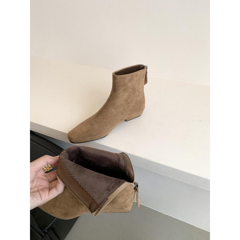 

Autumn and winter new rear zipper temperament retro brown suede small ankle boots round head square heel thin boots short boots 40 хаки