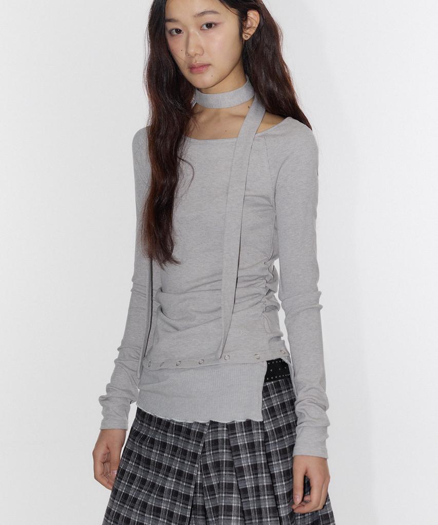PLACE STUDIO Boat U-Neck Detachable Eyelet Contrast Scarf Set Long Sleeve T-Shirt _3 Colors