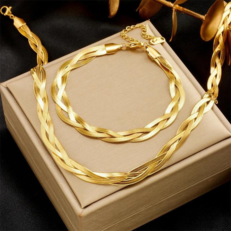 316L Stainless Steel Crossover Snake Chain Necklace Bracelets For Women Girl New Waterproof Jewelry Set. Party Gifts